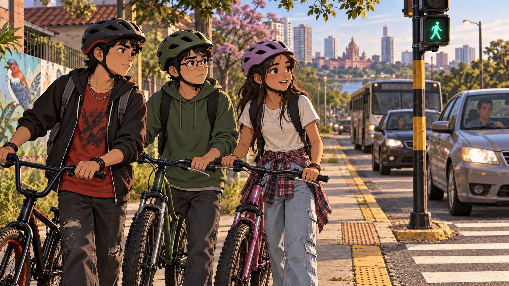 Concepto ilustrativo de tres adolescentes con personalidades distintas que aprenden juntos en la vía pública